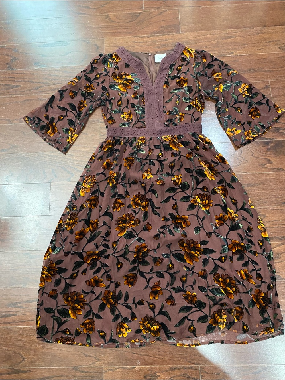 SALT Midi Dress Small Brown Floral Burn Out Velvet Romantic Floral